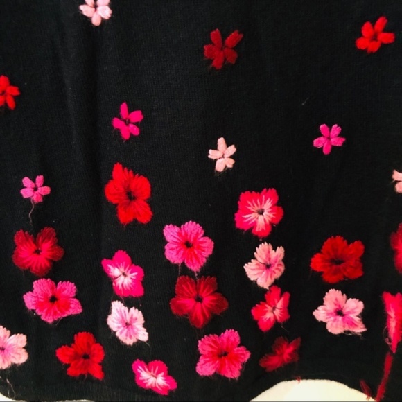 INC International Concepts Black Sweater w/ Embroidered Pink Flowers - Picture 3 of 6